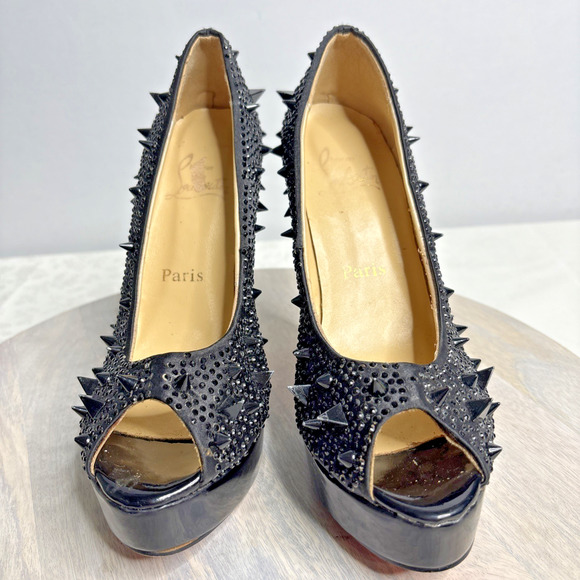 Black Platform Peep Toe Heels – Studded Spike Stiletto Pumps, Gothic 8 - Picture 2 of 12